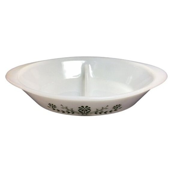 Vintage Glasbake Divided Casserole Serving Dish White Green Crazy Daisy - Picture 1 of 6